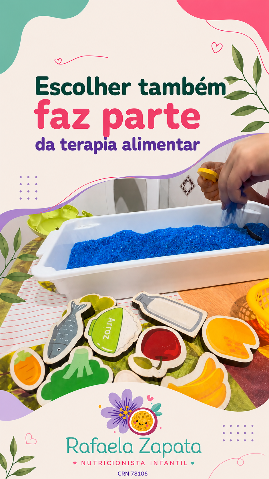 Rafaela realiza uma atividade de terapia alimentar com uma criança